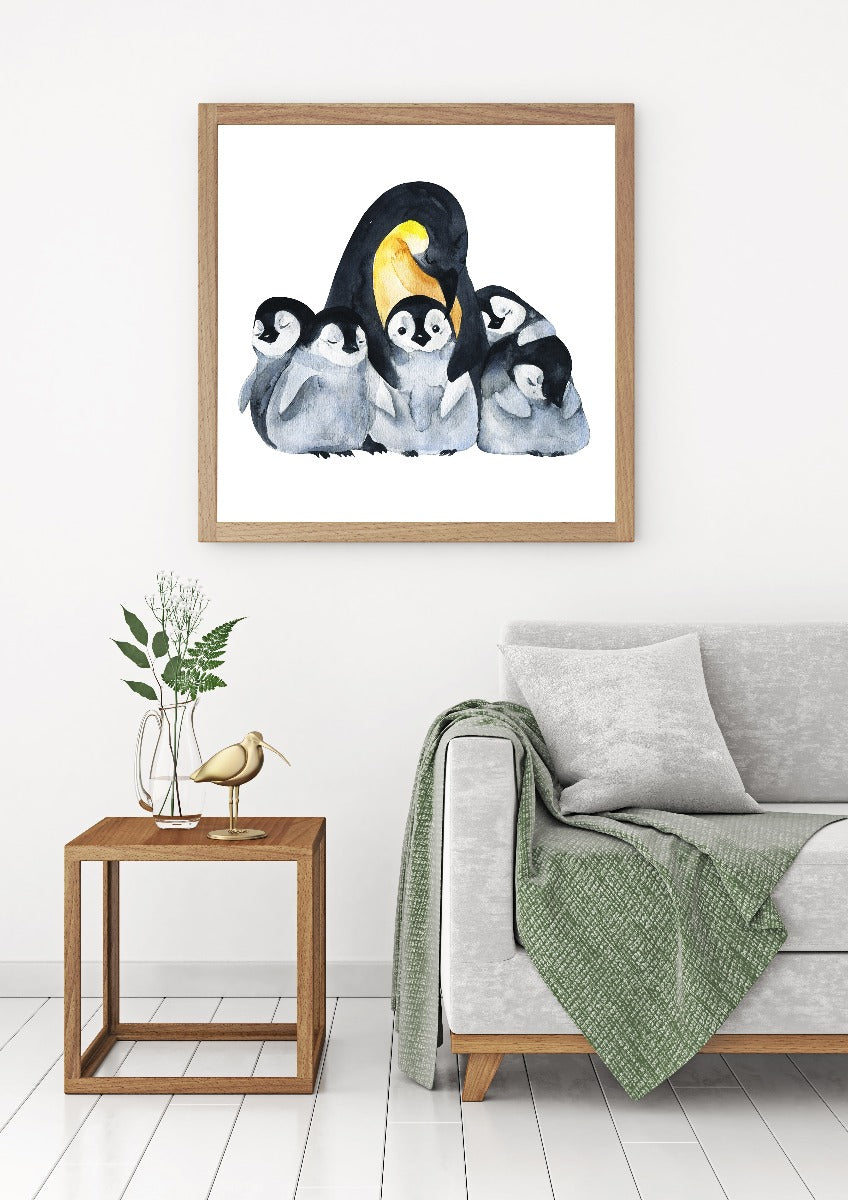 Aquarellplakat der Pinguinfamilie